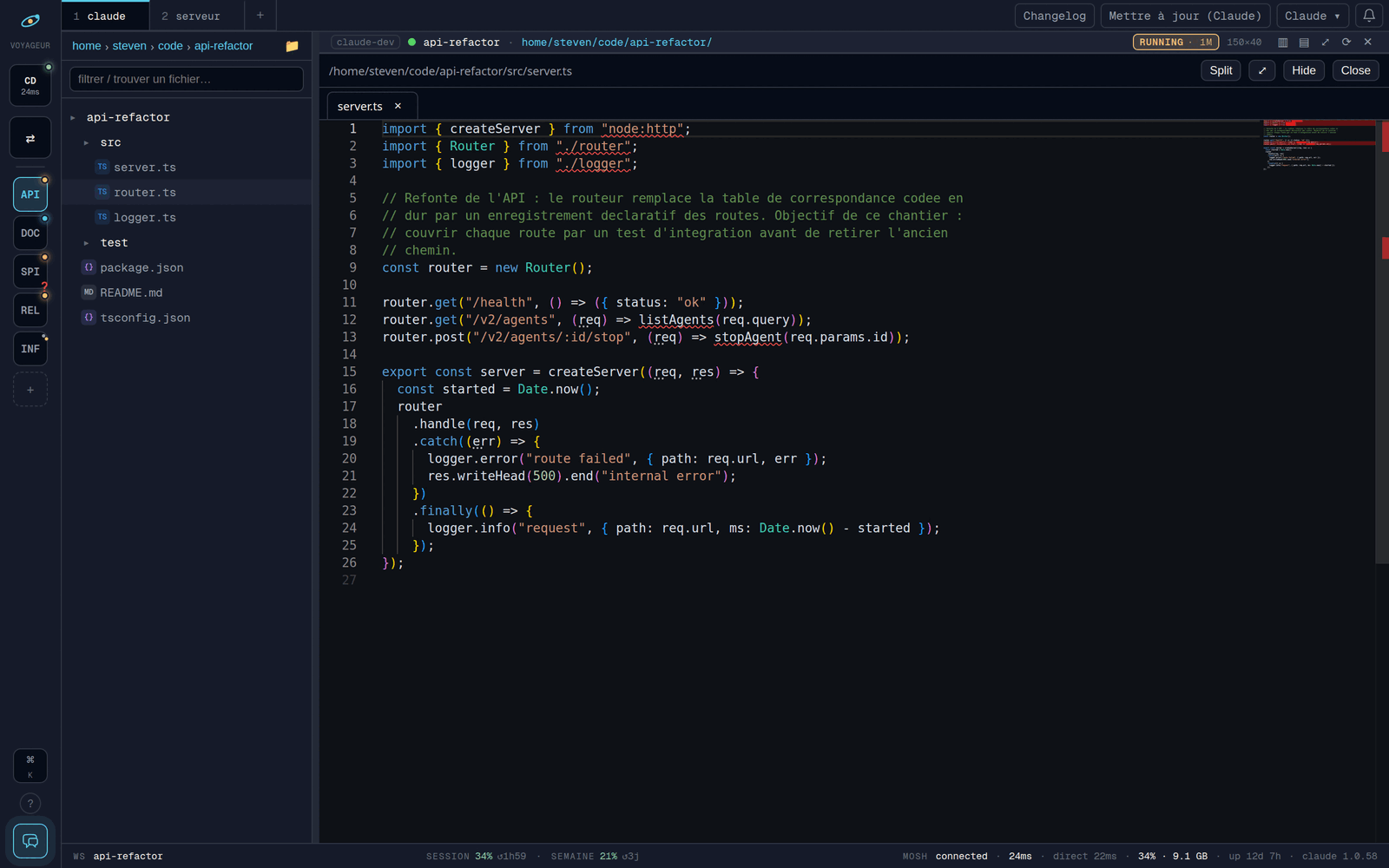 Capture d'écran de Voyageur : l'éditeur Monaco agrandi sur un fichier TypeScript, avec onglets multi-fichiers et coloration syntaxique.