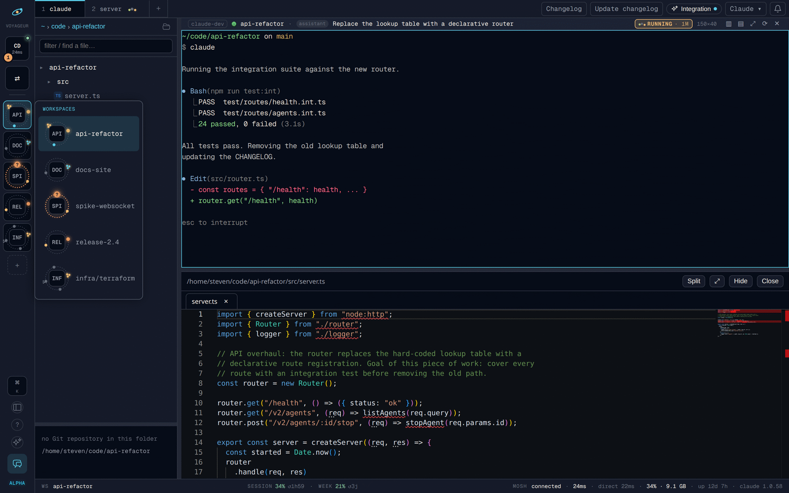 Voyageur screenshot: the active pane's header shows the current mission's title and its state, next to the workspace and the server running it, while an amber medallion flags an agent waiting on an answer.