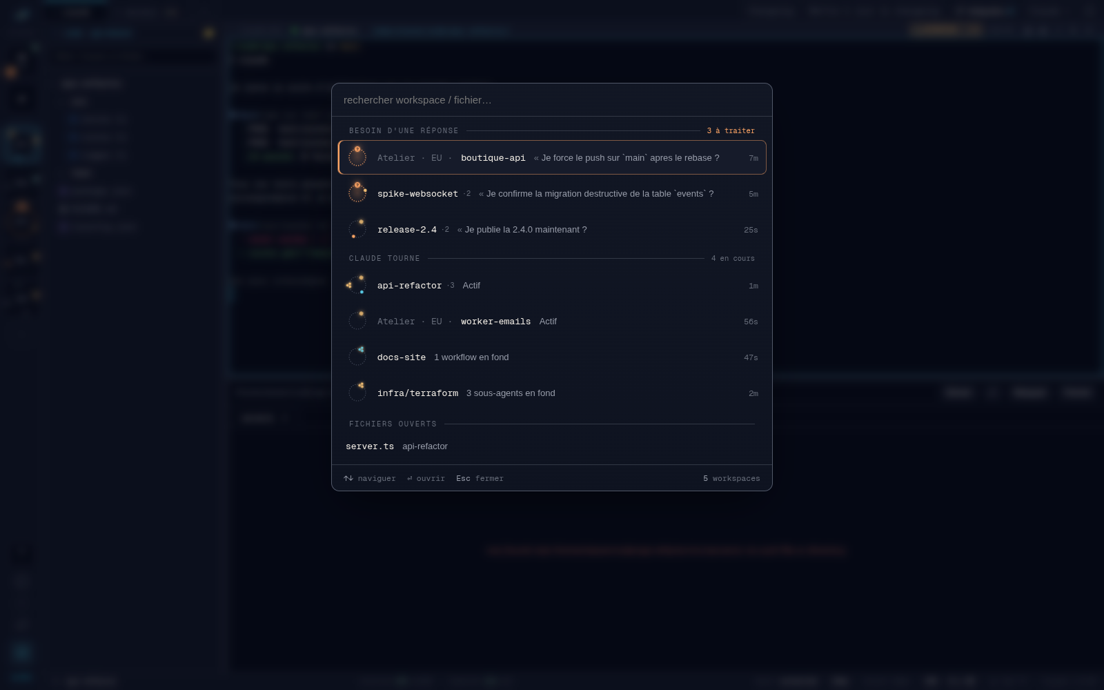 Voyageur screenshot: the control tower gathers agents from several machines, each remote row carrying its server's name.