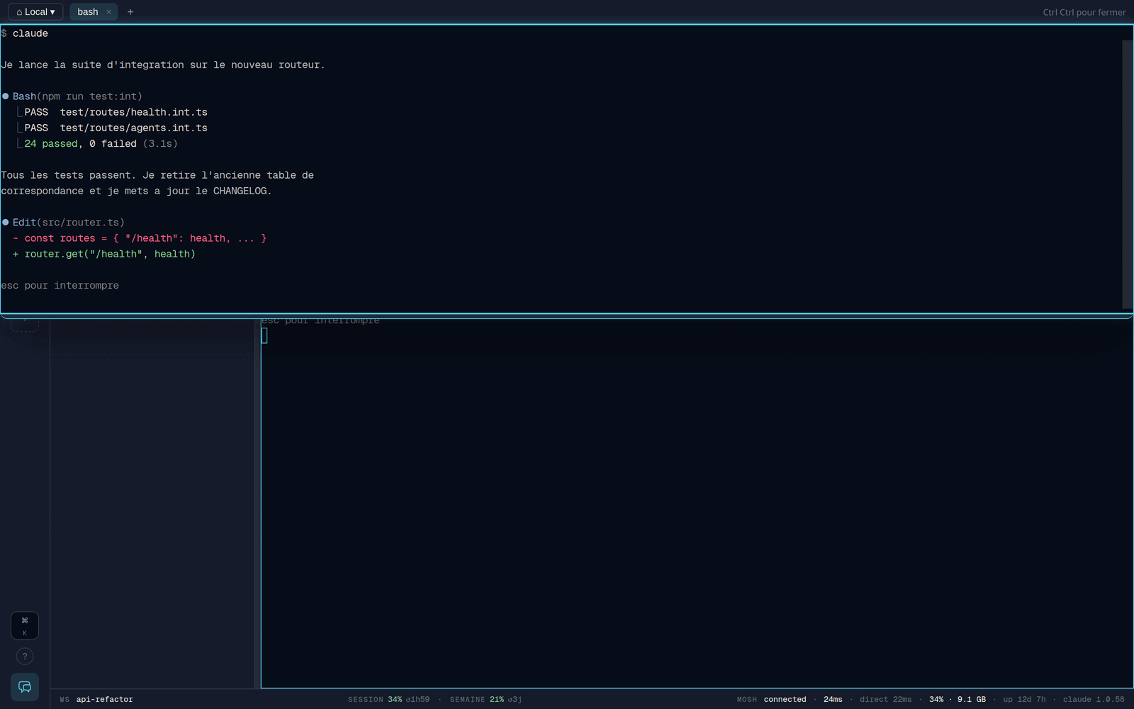 Capture d'écran de Voyageur : le terminal Quake en overlay, ouvert par Double-Ctrl, glissé du haut avec son sélecteur de machine locale ou cloud.
